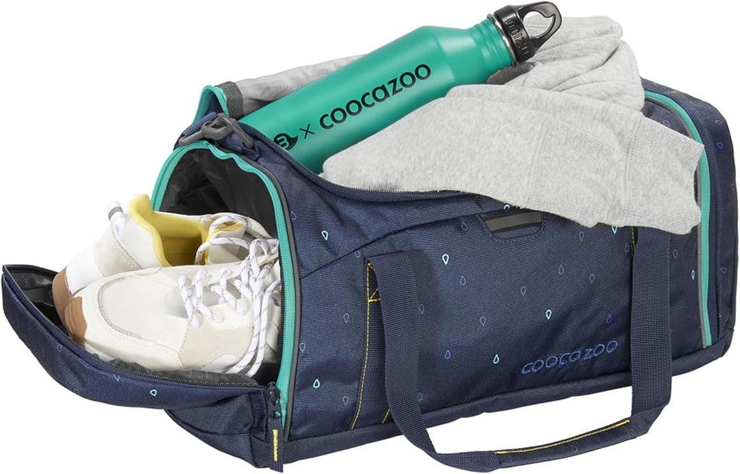 coocazoo Sporttasche „Happy Raindrops”, blau, Hauptfach, Nasswäschefach, Seitentasche, Reflektoren,