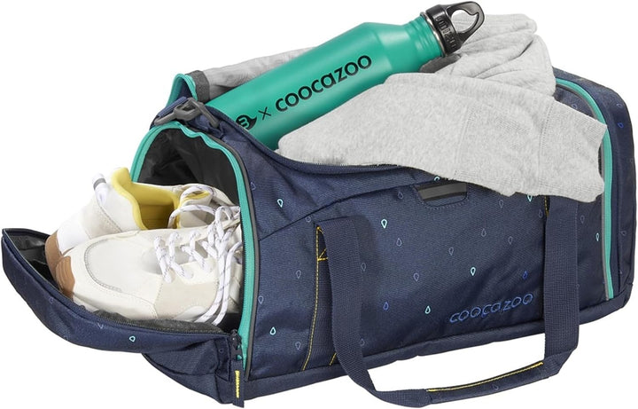coocazoo Sporttasche „Happy Raindrops”, blau, Hauptfach, Nasswäschefach, Seitentasche, Reflektoren,