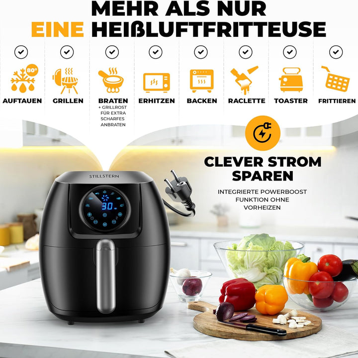 Stillstern Heissluftfritteuse 5L [1800W] mit 7 Programmen (Backen, Pommes, Chicken, Steak UVM.), 120