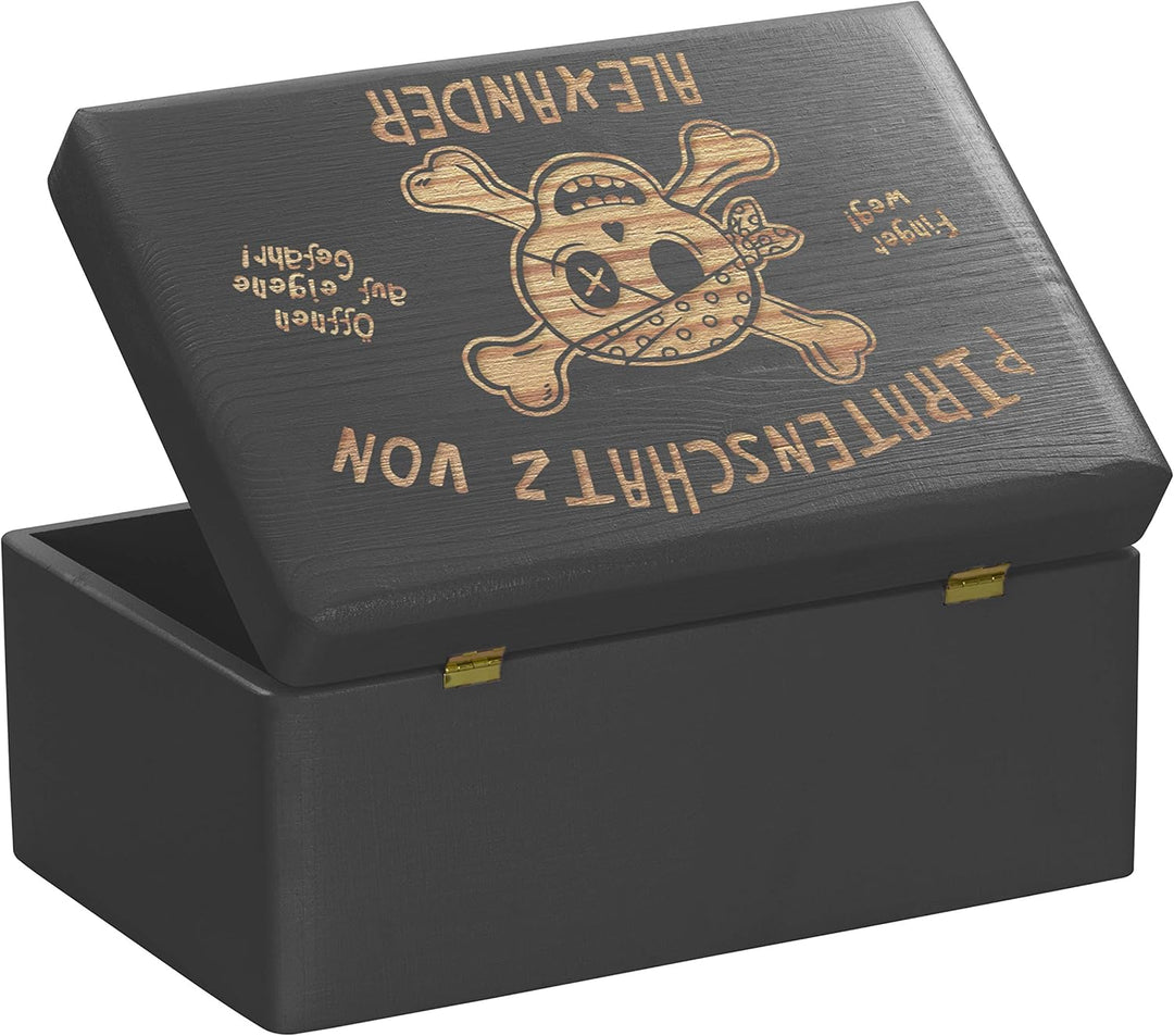 LAUBLUST Grosse Holzkiste personalisiert mit Piraten-Schatz Gravur - 30x20x14cm, Schwarz, FSC® | Ges