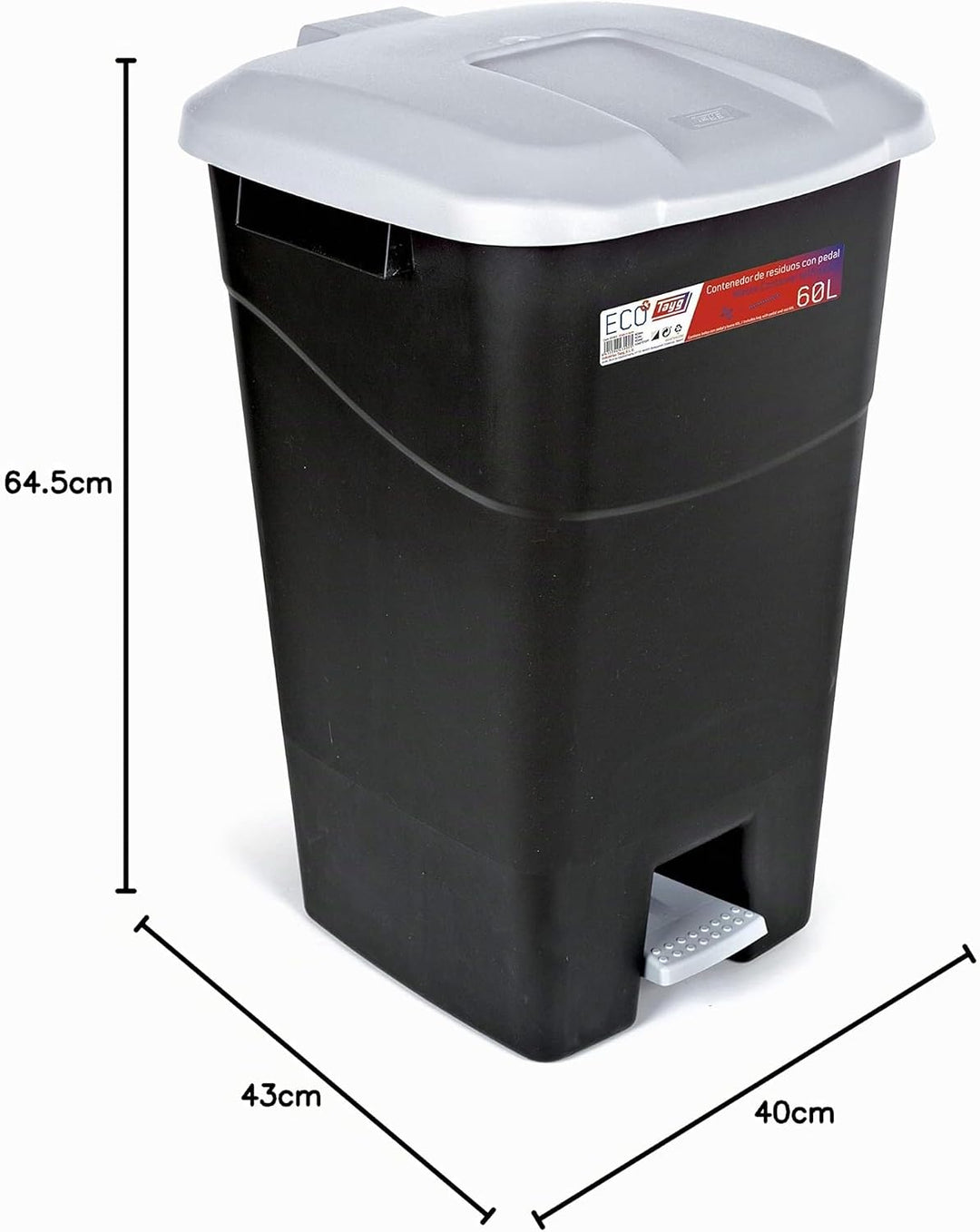 Tayg - Abfallbehälter 60 Liter mit Pedal, schwarzem Boden und grauem Deckel Schwarzer Sockel Grauer