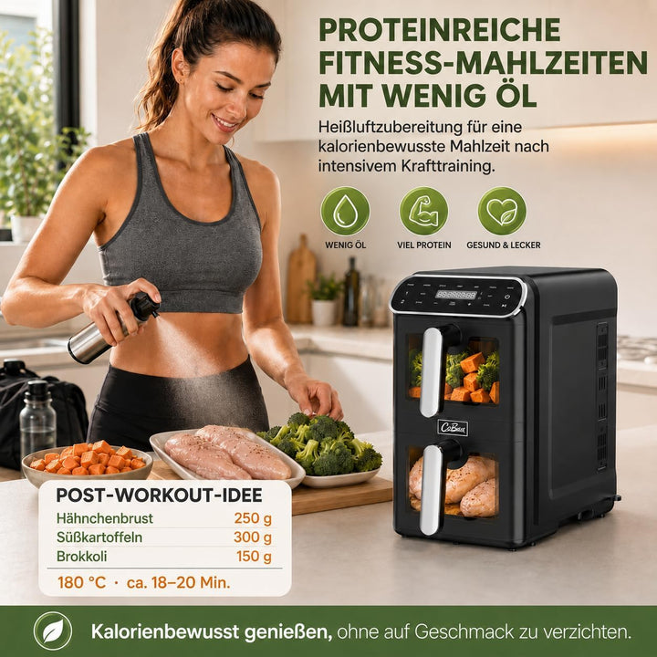 Heissluftfritteuse 2 Kammern übereinander 11L, platzsparende vertikale Doppelkammer, 2×5,5L Airfryer