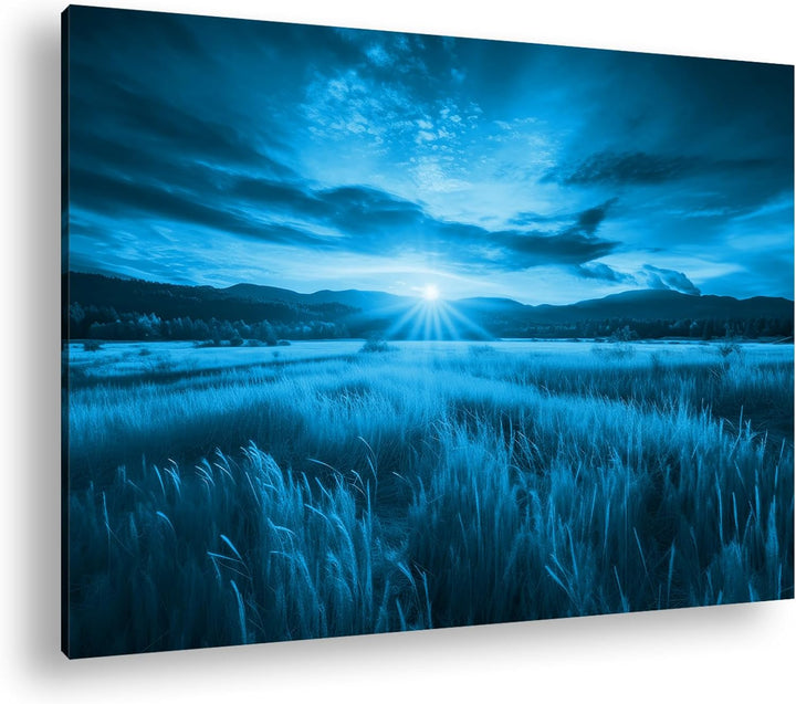 deyoli Bunter Sonnenuntergang Format 80x60 Effekt: Monocrome Blau als Leinwandbild, Motiv fertig ger