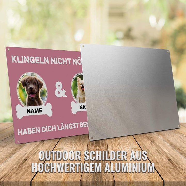 Hunde Schild personalisiert - Klingeln nicht nötig - Metallschild mit Foto und Name für aussen, wett