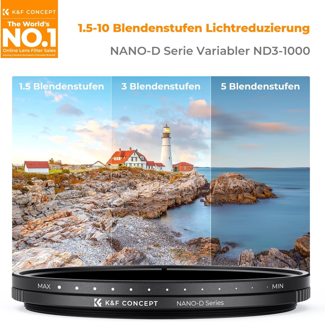 K&F CONCEPT Variabler ND Filter 62mm ND3-ND1000 Graufilter (1.5-10 Blendenstufen) （Nano-Dazzle）, 62m
