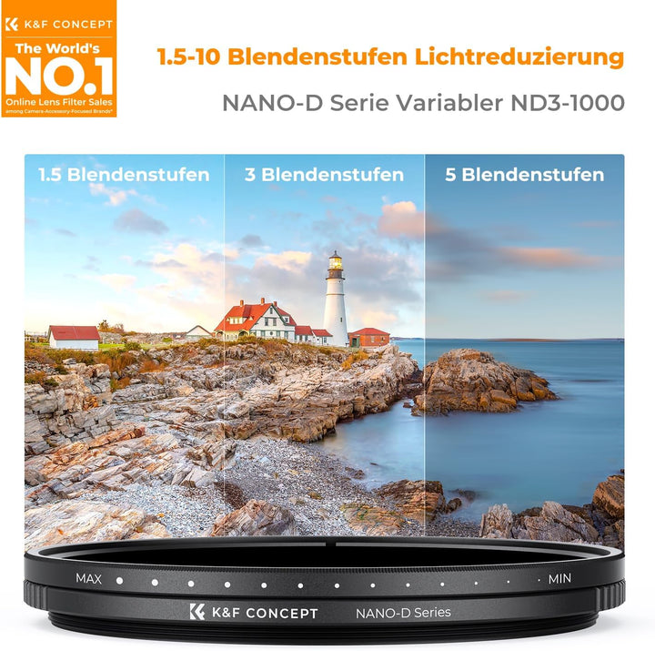 K&F CONCEPT Variabler ND Filter 62mm ND3-ND1000 Graufilter (1.5-10 Blendenstufen) （Nano-Dazzle）, 62m