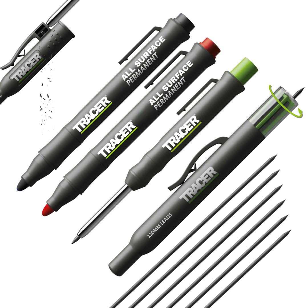 Tracer Markierungsset – Tiefloch-Schreinerbleistift, Ersatzminen x 6 und 2 verstopfungsfreie Marker