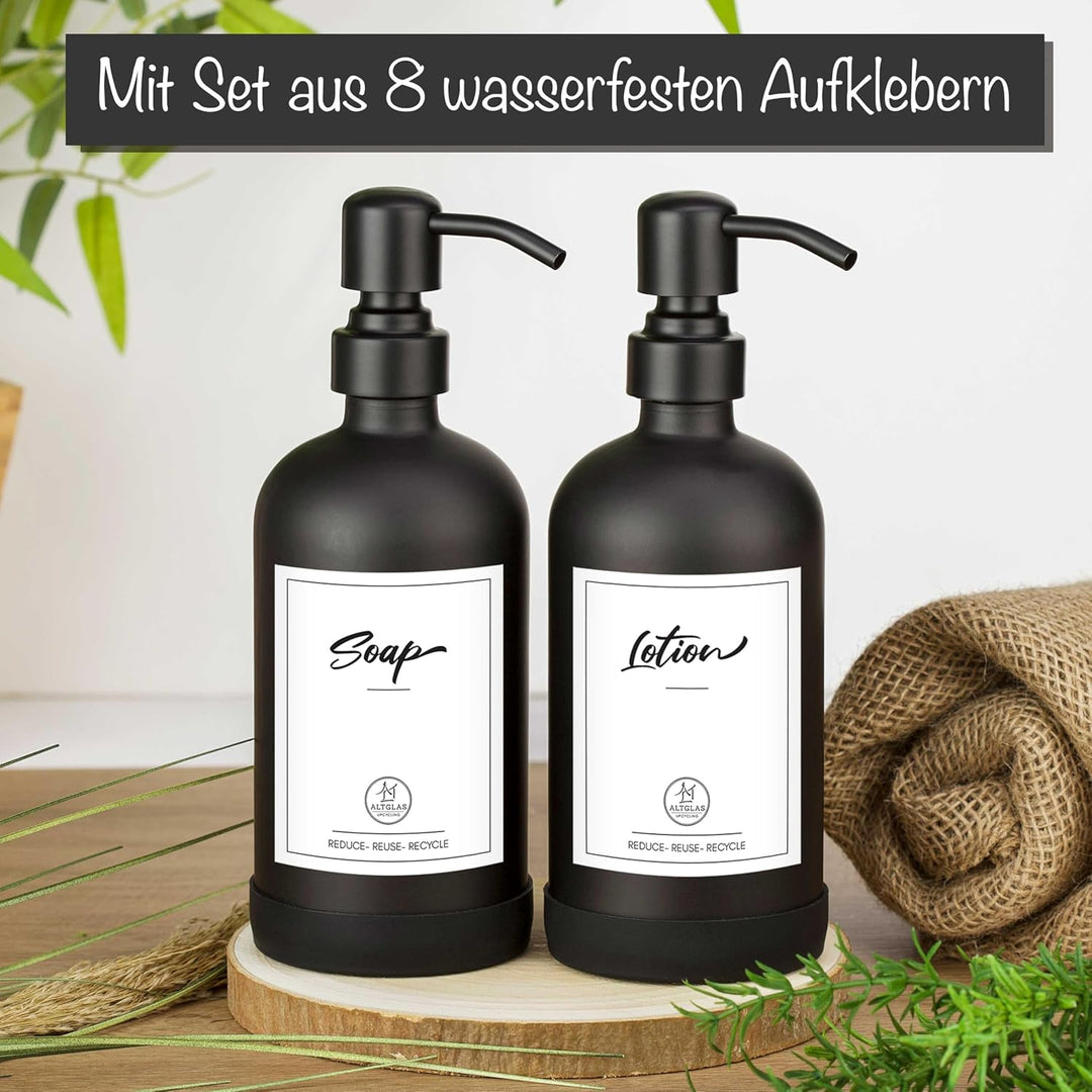 ALTGLAS Seifenspender Set 'Sarajevo' aus Schwarzer Glas Flasche mit Edelstahl Pumpkopf und Silikon U