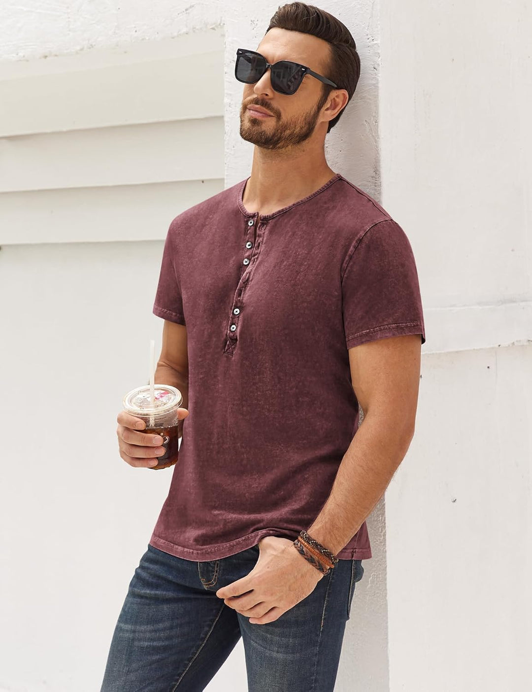 Beotyshow Hemd Herren Langarm Henley Shirt Männer Freizeithemd Vintage Casual Leicht Baumwolle Slim