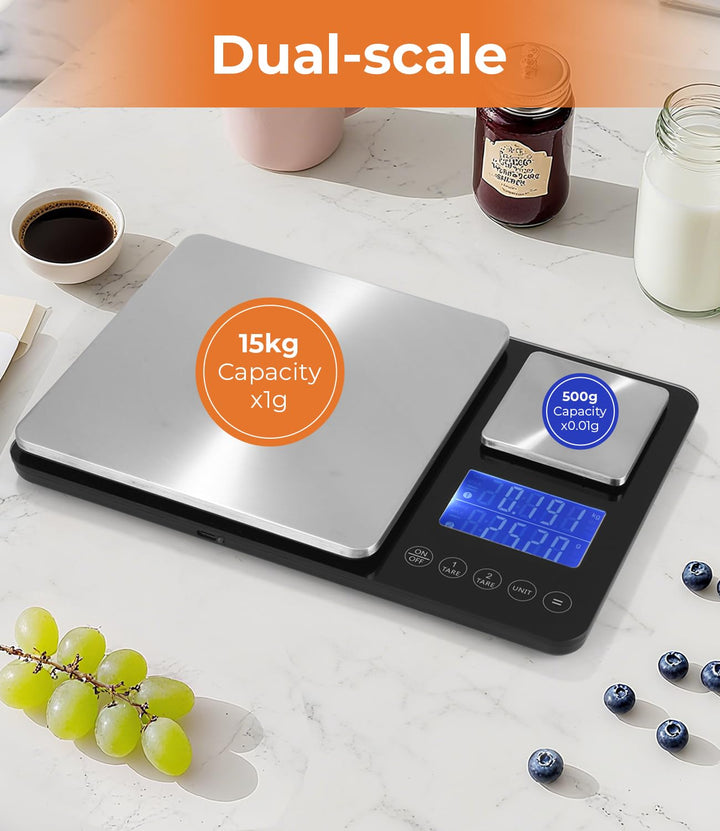 Doppelplattform-Digitalwaage,Digitale Küchenwaage(10kg/1g & 500g/0.01g),USB-Aufladung und Batteriebe