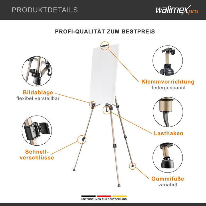 Walimex pro Staffelei M 52-155 cm, Leinwandstaffelei aus Aluminium inkl. Transporttasche, Feldstaffe