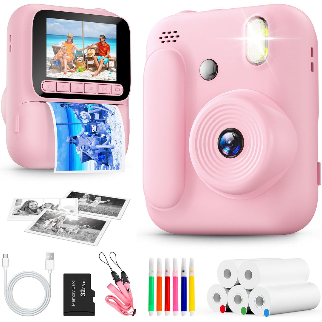 Sofortbildkamera für Kinder,1080P Kinderkamera mit 5 Rollen Druckpapier,32GB-Karte und Farbstiften,T