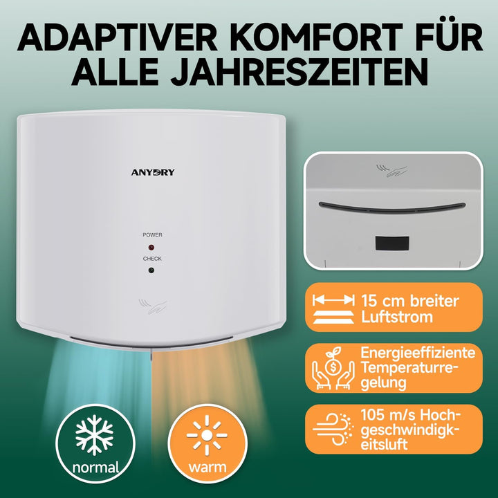 anydry 2630S Kompakter Händetrockner,Automatischer Elektrischer Händetrockner für Wandmontage,Für Ge