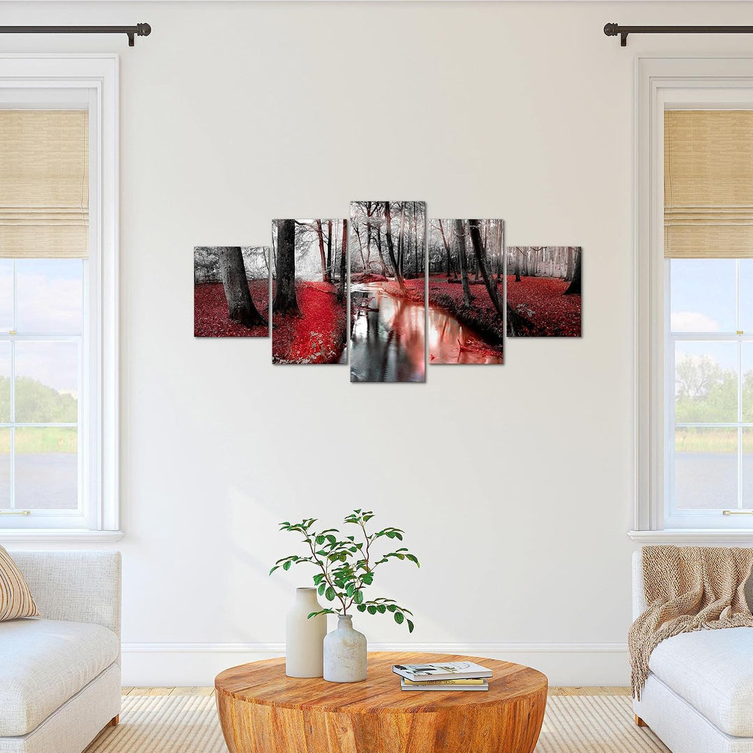 Runa Art Bild Schlafzimmer Wohnzimmer Wald Landschaft 5 Teilig Fluss Rot Wandbilder auf Vlies Leinwa