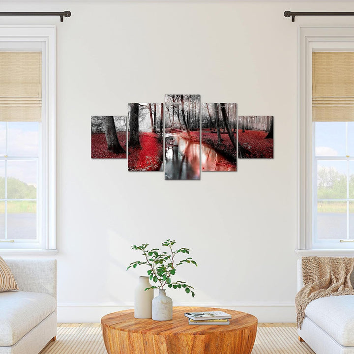 Runa Art Bild Schlafzimmer Wohnzimmer Wald Landschaft 5 Teilig Fluss Rot Wandbilder auf Vlies Leinwa