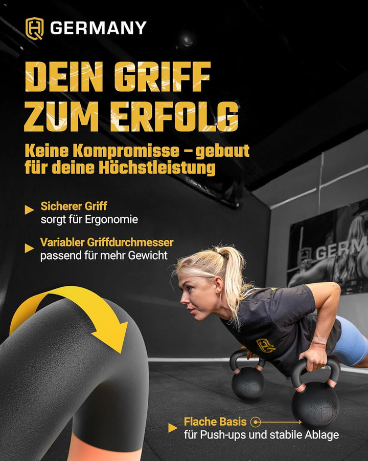 HQ Germany® Kettlebell Powdercoat [Pulverbeschichtung] - Kugelhantel 2-32kg | Vollguss ohne Schweiss