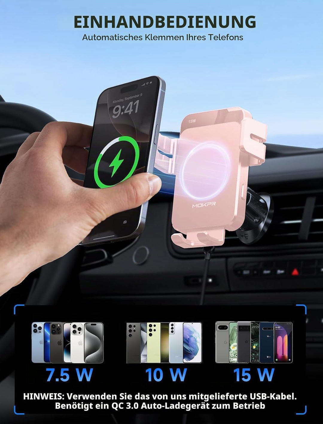 MOKPR Handyhalterung Auto mit Ladefunktion, 15W Handyhalterung Auto Induktives Laden für Entlüftungs