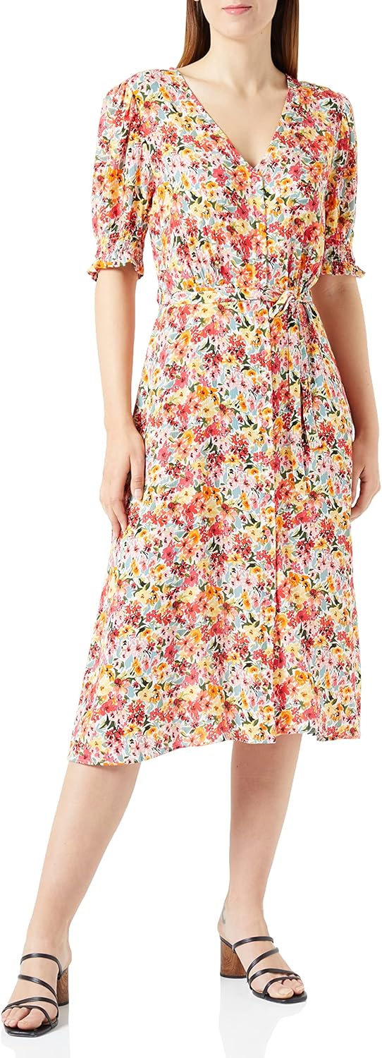 ONLY Damen Onlfrederikke Ss V-Neck Belt Dress Wvncs Blusenkleid XL Cloud Dancer/Aop:pink Aop, XL Clo