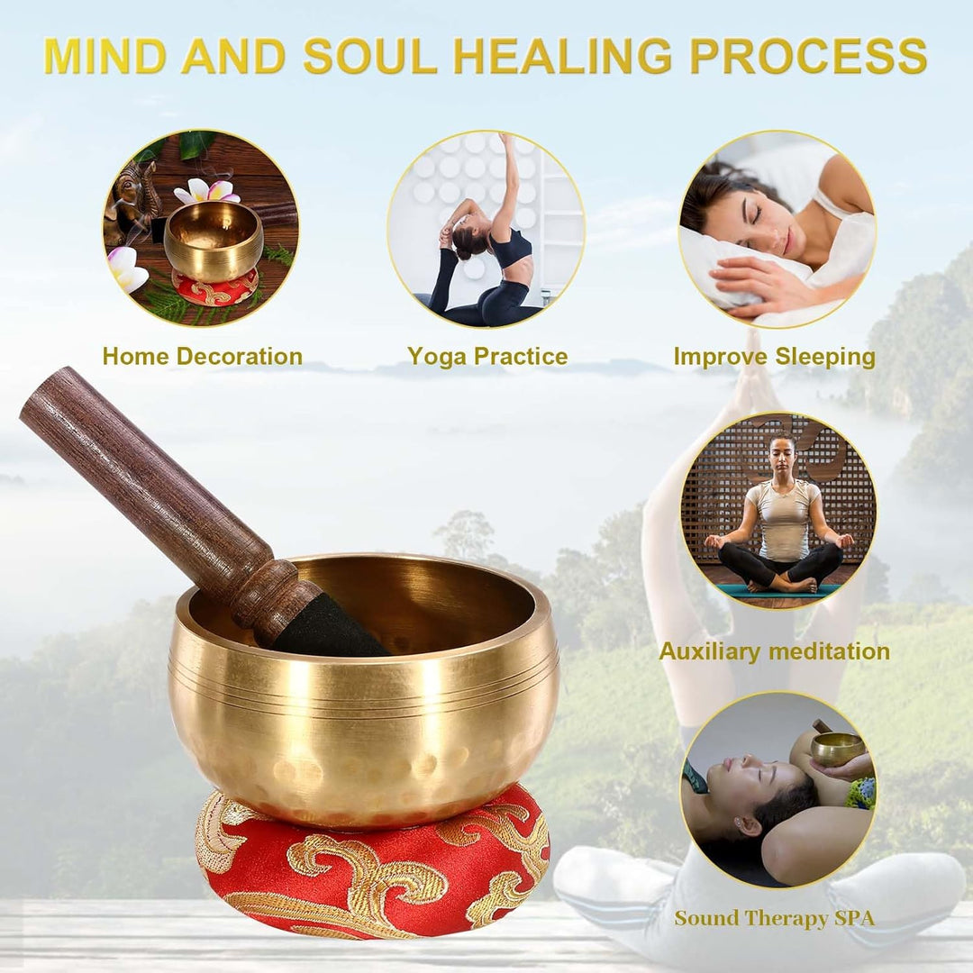 Tibetische Klangschale Klein，8CM Klangschalen Set mit Klöppel, Klangschalenkissen und Geschenk-Box,