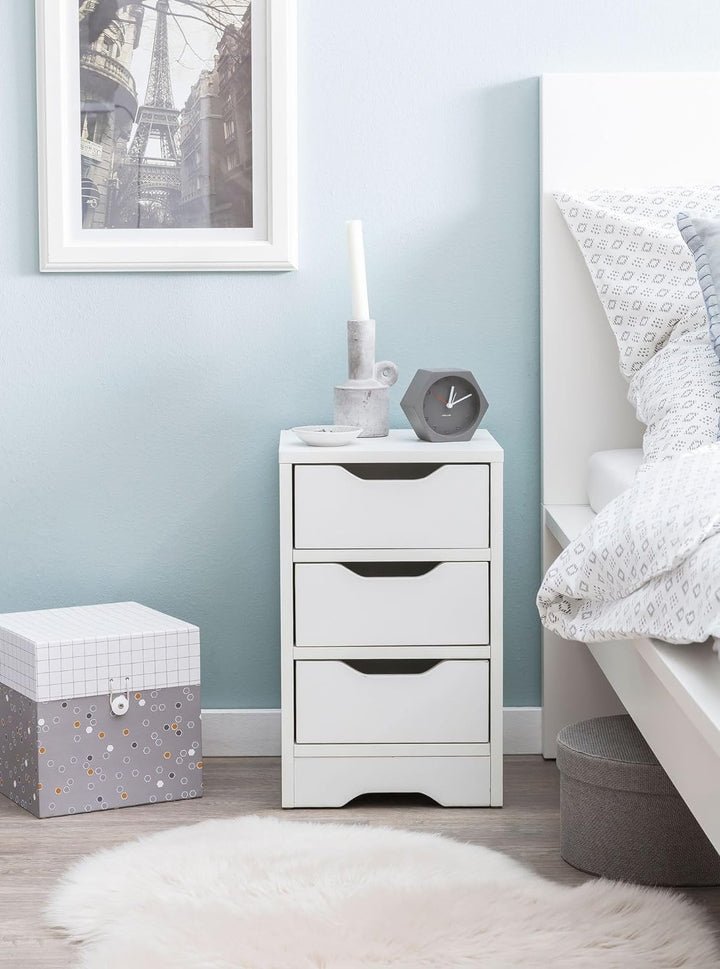 Wohnling Nachtkonsole WL5.704 31x49x31 cm Weiss Matt mit 3 Schubladen | Weisse Nachtkommode mit Stau