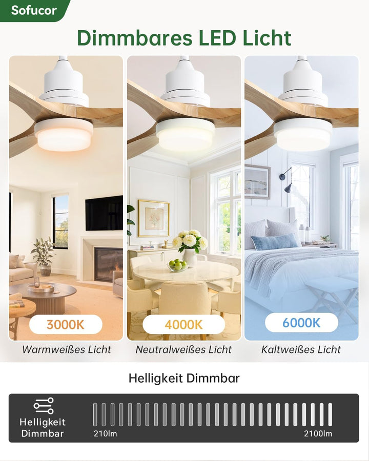 Sofucor Deckenventilator mit Beleuchtung und Fernbedienung, Deckenventilator mit Licht, 3 Holzlüfter