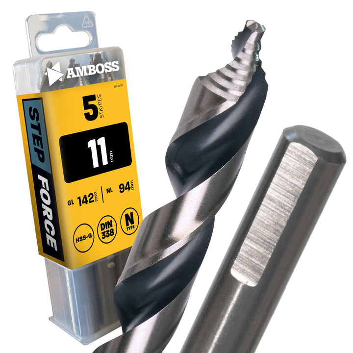 5x Spiralbohrer Step Force Ø11.0 mm - HSS-G DIN 338 für Stahl, Baustahl, Alu, Buntmetalle AMBOSS WER