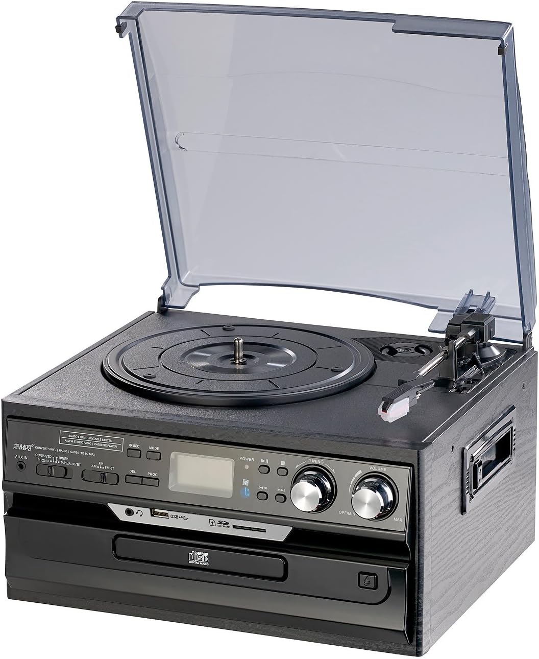 auvisio Cassette digitalisieren: 5in1-Plattenspieler mit Bluetooth und Digitalisier-Funktion, 40 Wat
