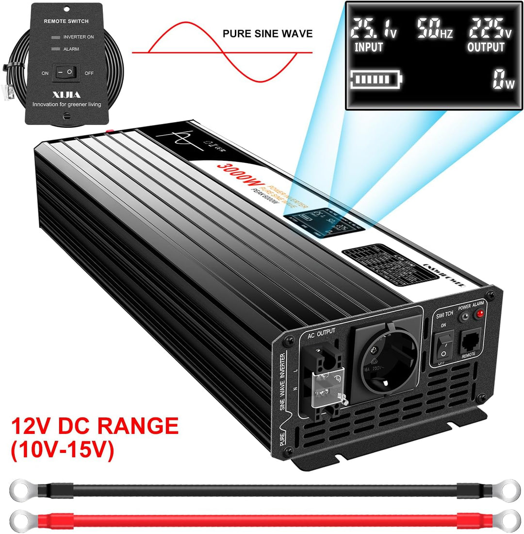 Xijia 3000W Wechselrichter 12V 230V Reiner Sinus Spannungswandler (6000W Spitzenleistung), LCD-Displ