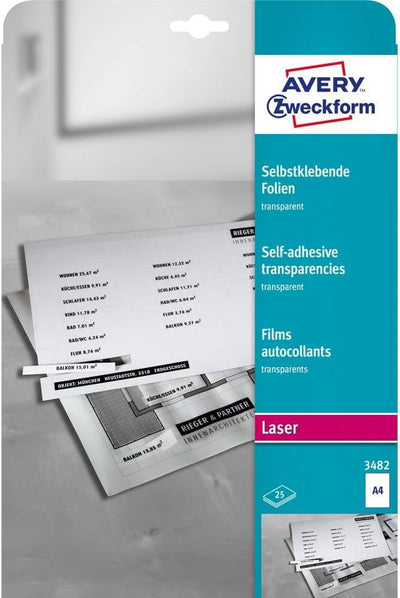 AVERY Zweckform 3482 Transparente Folien für Laserdrucker und Kopierer (25 selbstklebende Folien, A4