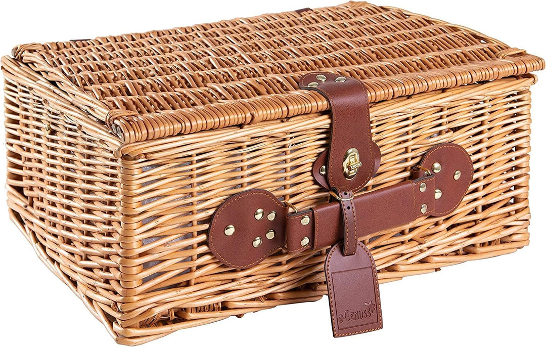2 Handgefertigte Picknickkörbe für 4 Personen mit Kühlfach, Edelstahlbesteck, Porzellanteller, Weing