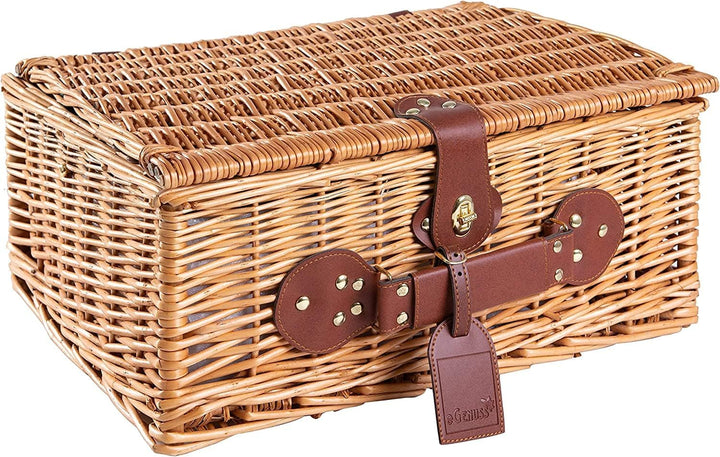 2 Handgefertigte Picknickkörbe für 4 Personen mit Kühlfach, Edelstahlbesteck, Porzellanteller, Weing