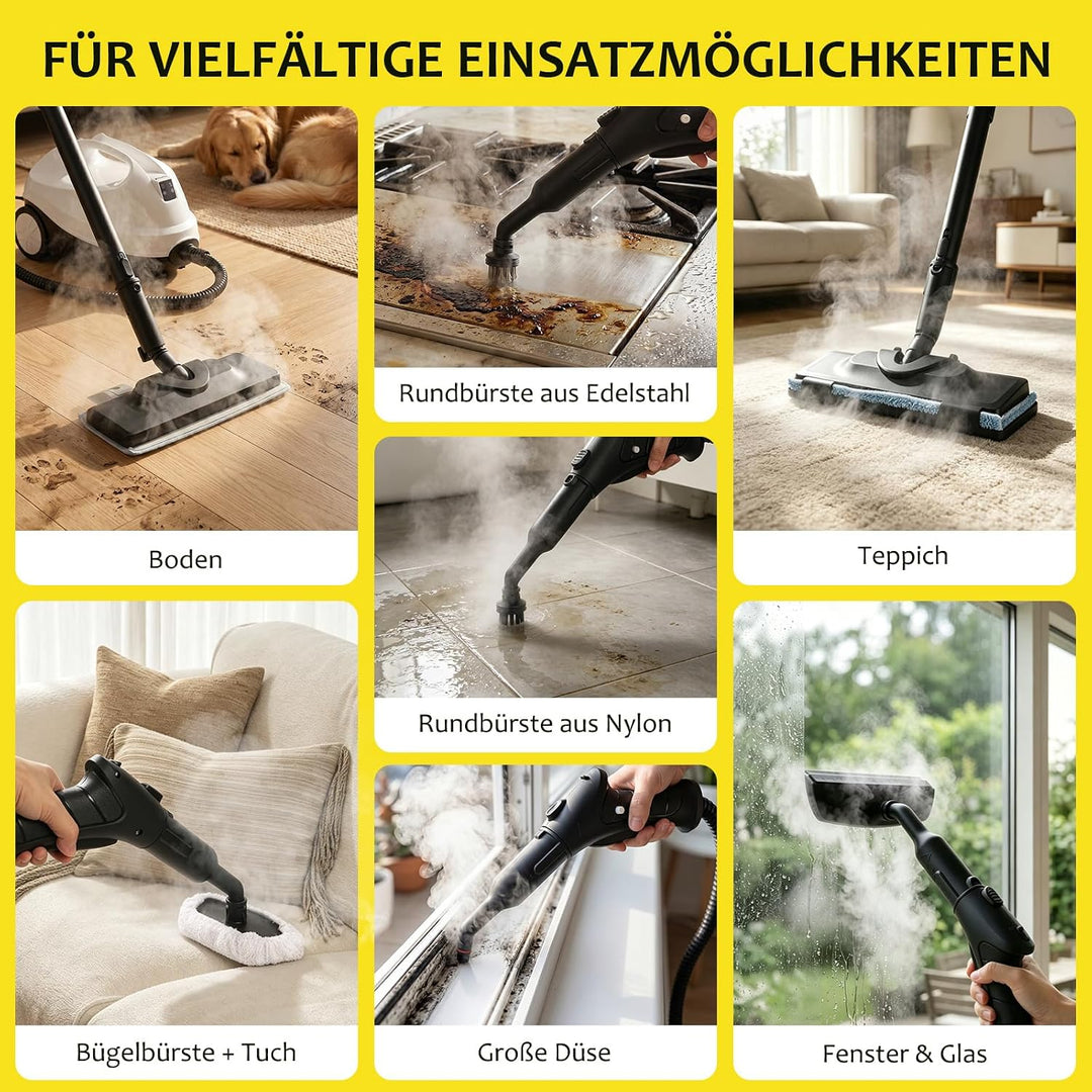 Dampfreiniger, Steam Cleaner mit 5 M Extra Langem Netzkabel | 21 Zubehör| Sicherheitsschloss| Bodend