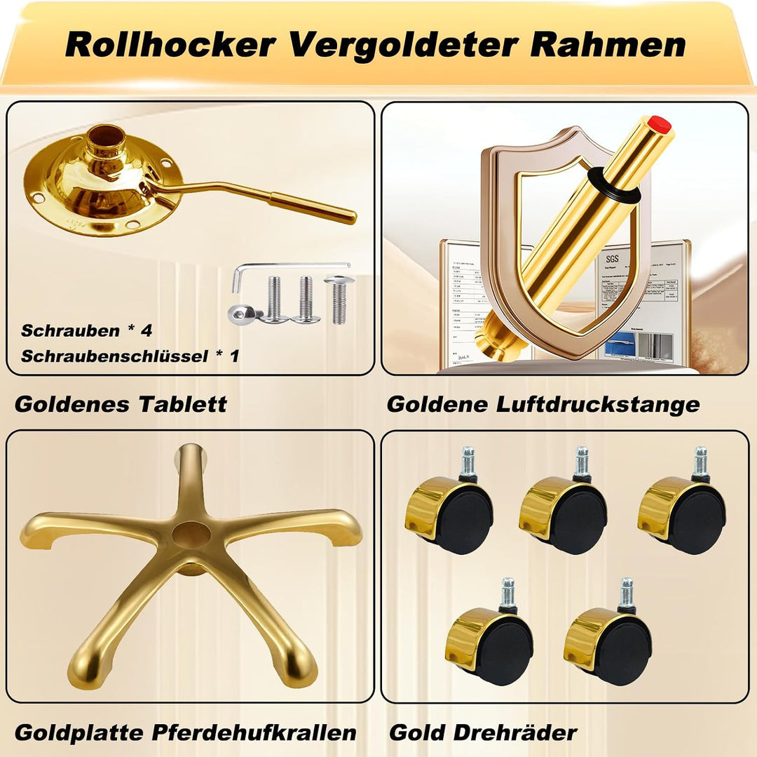 Gold Sattelhocker mit Rollen, Professionelle Rollhocker Höhenverstellbar, PU Leder Drehhocker, Salon
