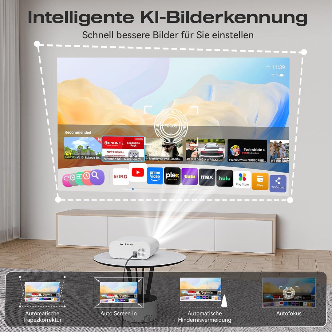 Smart Beamer【Netflix Official 】 Mini Beamer 4K mit Trapezkorrektur, 20000LM 1080P Full HD WiFi6 Blue