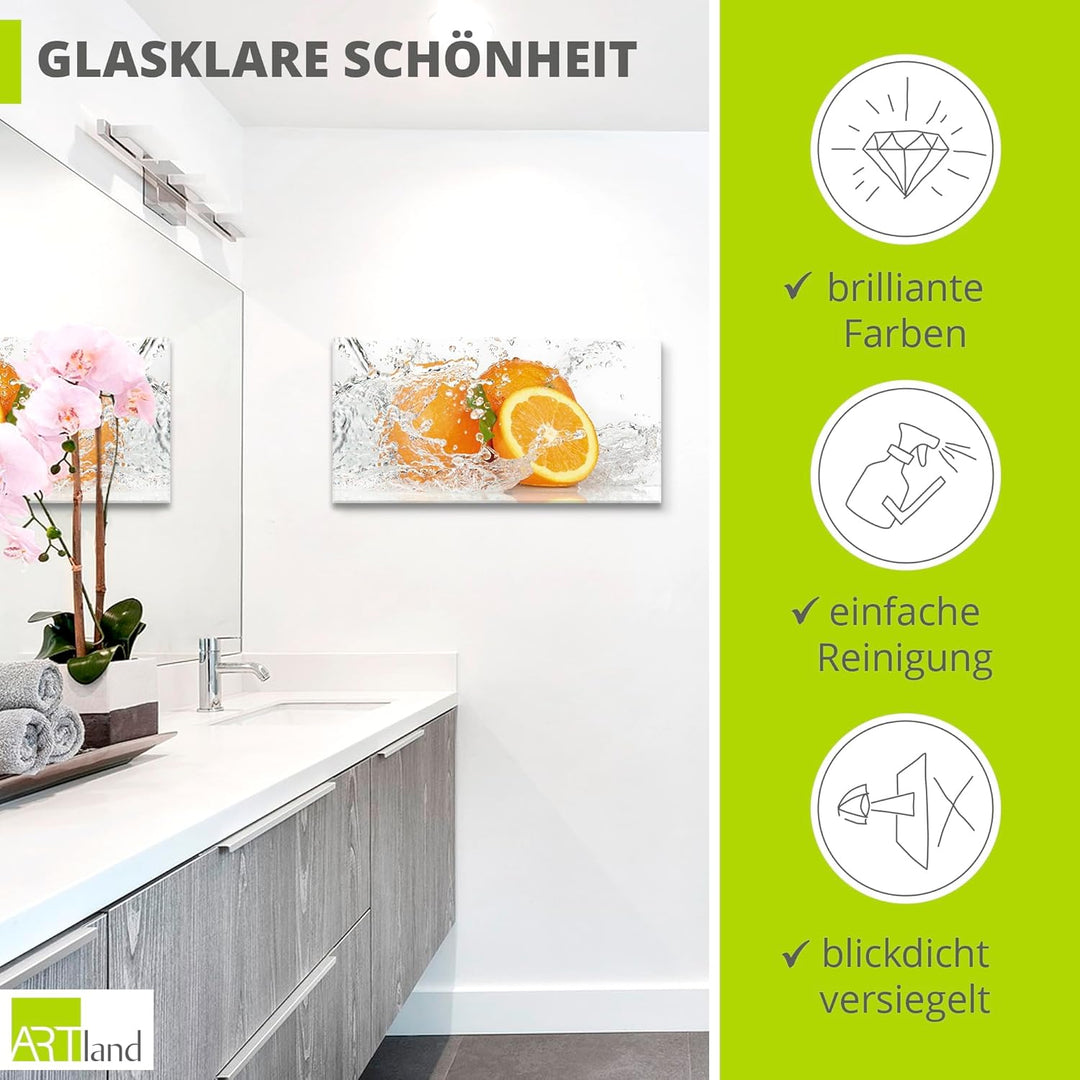ARTland Glasbilder Wandbild Glas Bild einteilig 60x30 cm Querformat Früchte im Wasser Obst Orange Fr
