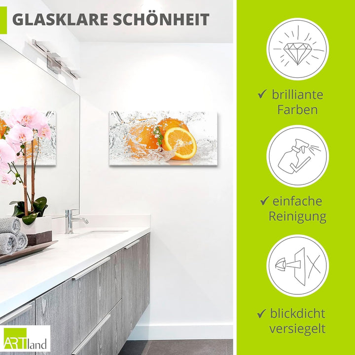ARTland Glasbilder Wandbild Glas Bild einteilig 60x30 cm Querformat Früchte im Wasser Obst Orange Fr