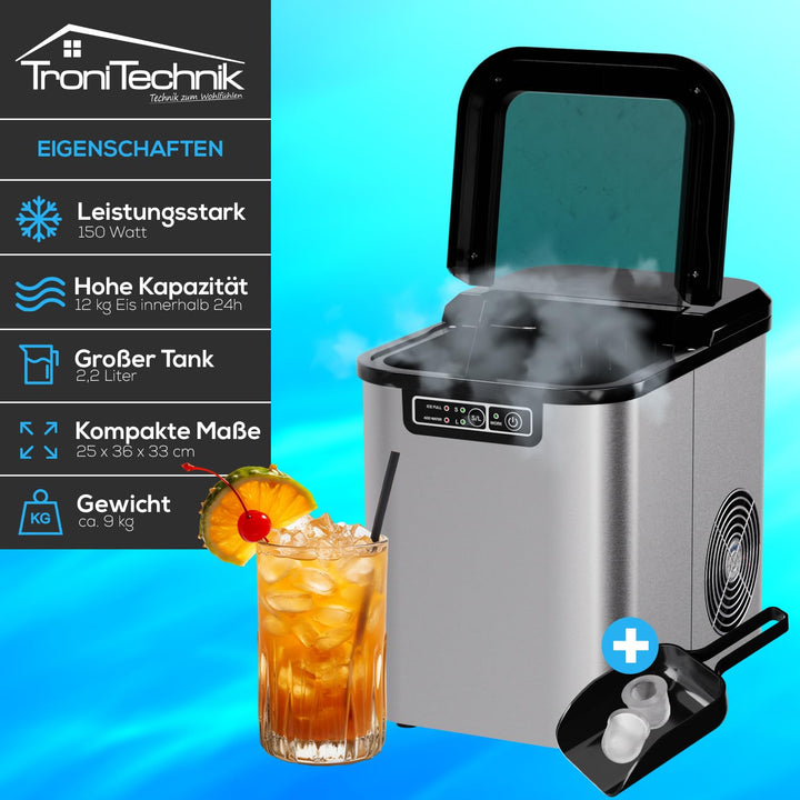 TroniTechnik® Eiswürfelmaschine Eiswürfelbereiter aus Edelstahl, Ice Maker, 12kg/24h, 2,2 Liter Wass