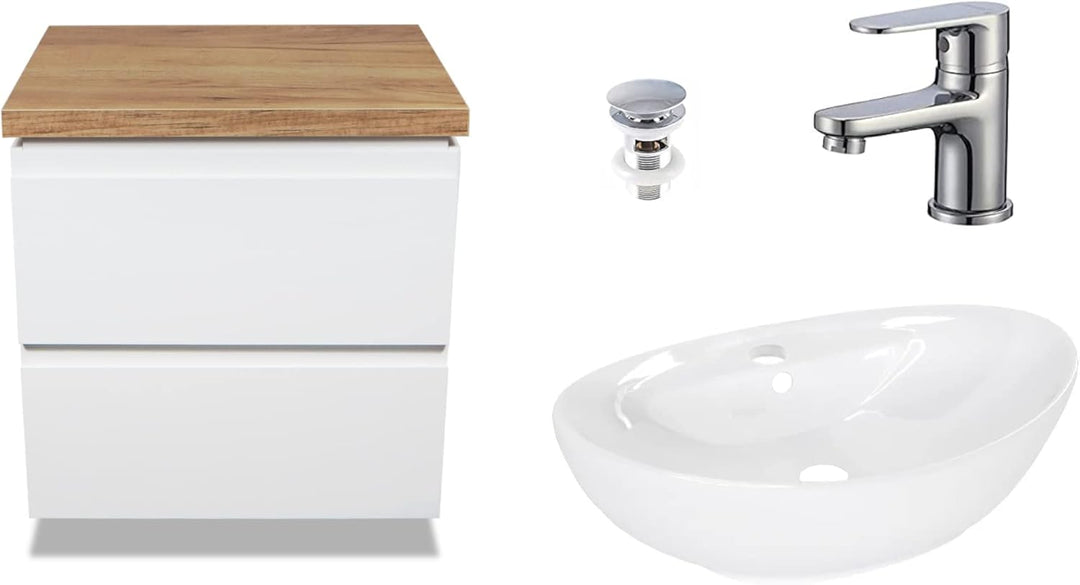 VBChome Badmöbel 50 cm Weiss Aufsatzwaschbecken mit Hahnloch und Armatur 59x39 cm Aufsatzwaschtisch