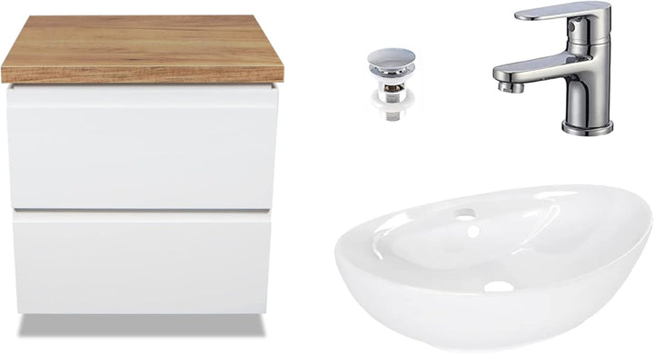 VBChome Badmöbel 50 cm Weiss Aufsatzwaschbecken mit Hahnloch und Armatur 59x39 cm Aufsatzwaschtisch