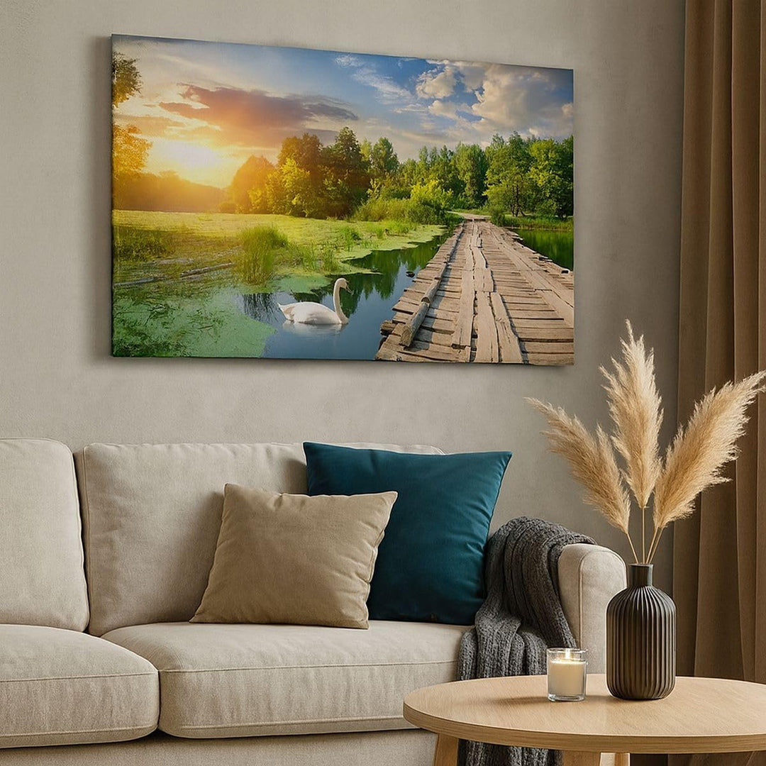 Bilder auf Leinwand 100x70cm Leinwandbild Architektur Promenade Schwan Landschaft Gross Wanddeko Bil