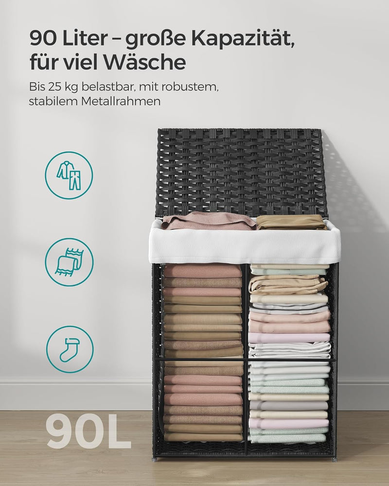 SONGMICS Wäschekorb 90 Liter, handgeflochten, Wäschesammler aus synthetischem Rattan, mit Deckel und