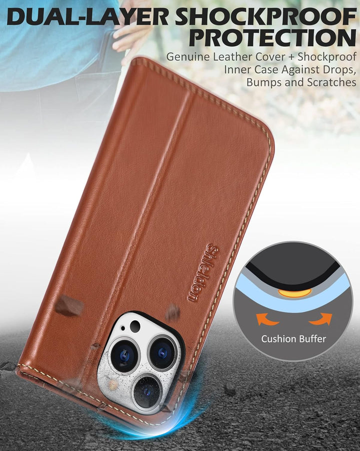SHIELDON Hülle für iPhone 13 Pro 5G Handyhülle [Echtleder] [Kartenfach] [Magnet] [Standfunktion] [RF