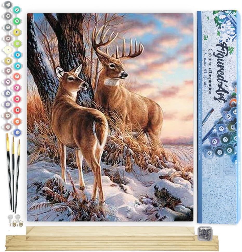 Figured'Art Malen Nach Zahlen Erwachsene Mit Rahmen Hirsch im Winter - Paint by Numbers Basteln DIY