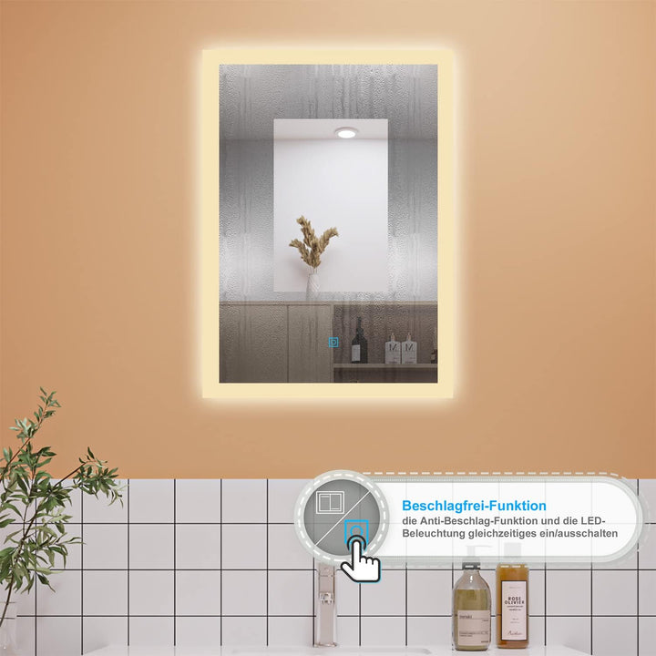 Aica Sanitär Badspiegel mit Beleuchtung 50×70cm 3 Lichfarbe dimmbar Memory Wand/Touchschalter Anti-B
