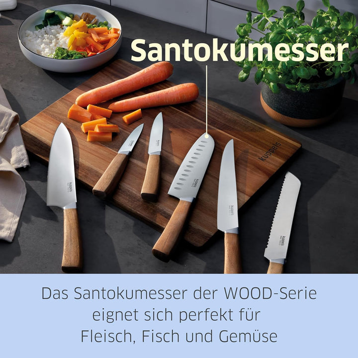 Kuppels Wood Santoku Messer mit Kullenschliff, 17 cm Klingenlänge, extrem scharf & schnitthaltig, Me