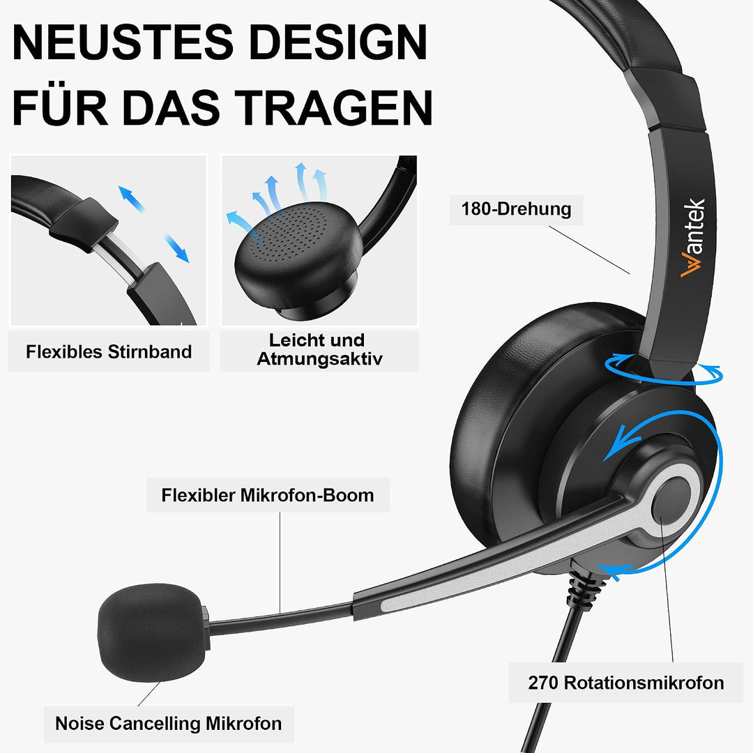 Wantek Headsets mit Noise Cancelling Mikrofon,USB/Type-c/3.5mm Jack 3-in-1 PC Headset,EIN-Ohr Headse
