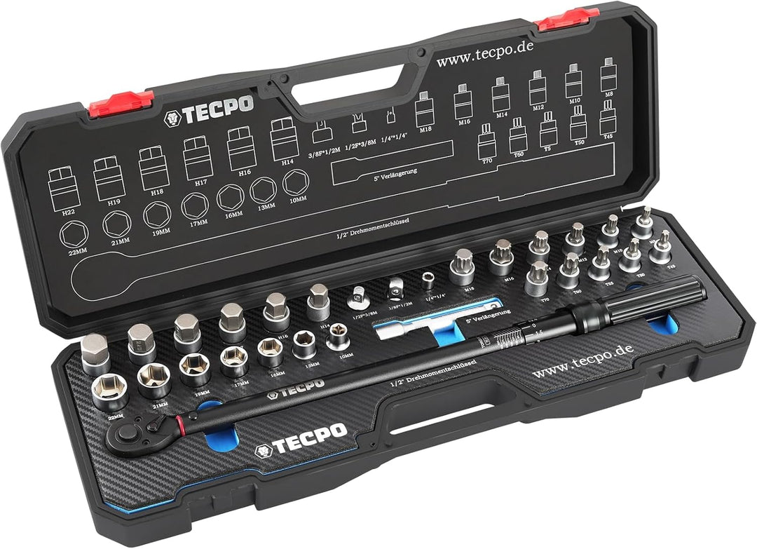 TECPO Drehmomentschlüssel Set 1/2" Zoll, 50-350 Nm, 72 Zähne Mechanik, kalibriert, hohe Präzision vo