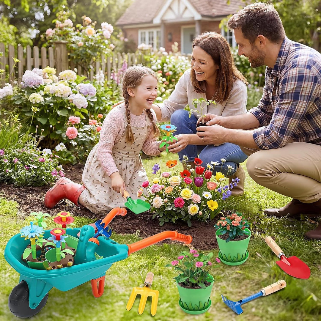 deAO Gartenset Kinder, Gartengeräte Spielzeug mit Schubkarre, Schaufel, Rechen, Blumentöpfe, Handsch