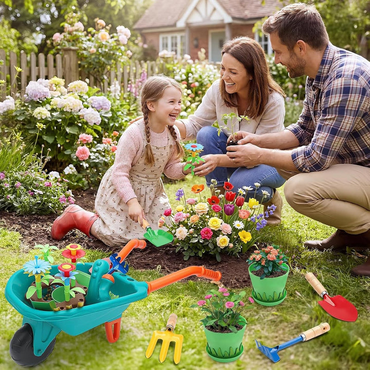 deAO Gartenset Kinder, Gartengeräte Spielzeug mit Schubkarre, Schaufel, Rechen, Blumentöpfe, Handsch