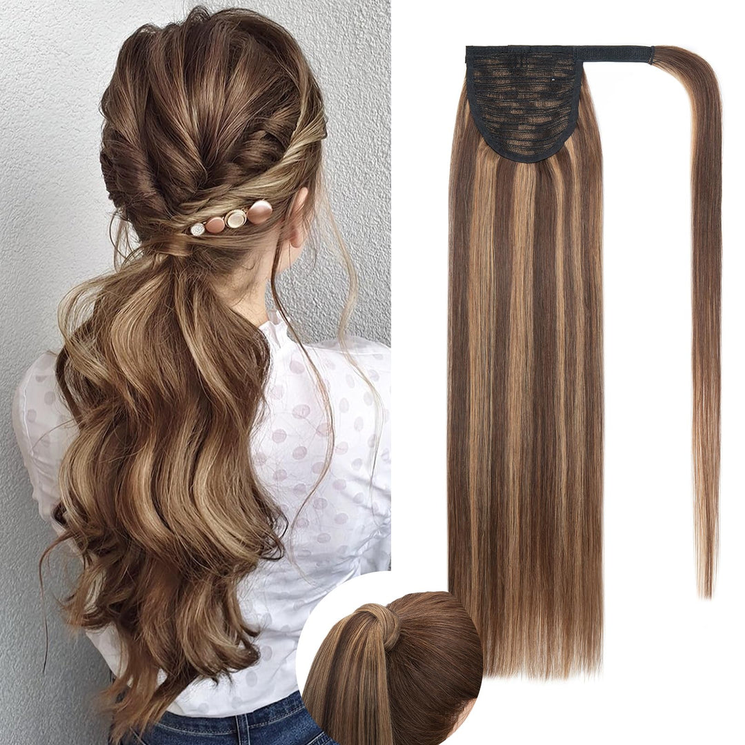 Rich Choices Pferdeschwanz Haarteil Echthaar Extensions Ponytail Extension mit Klettband 40cm #4/27